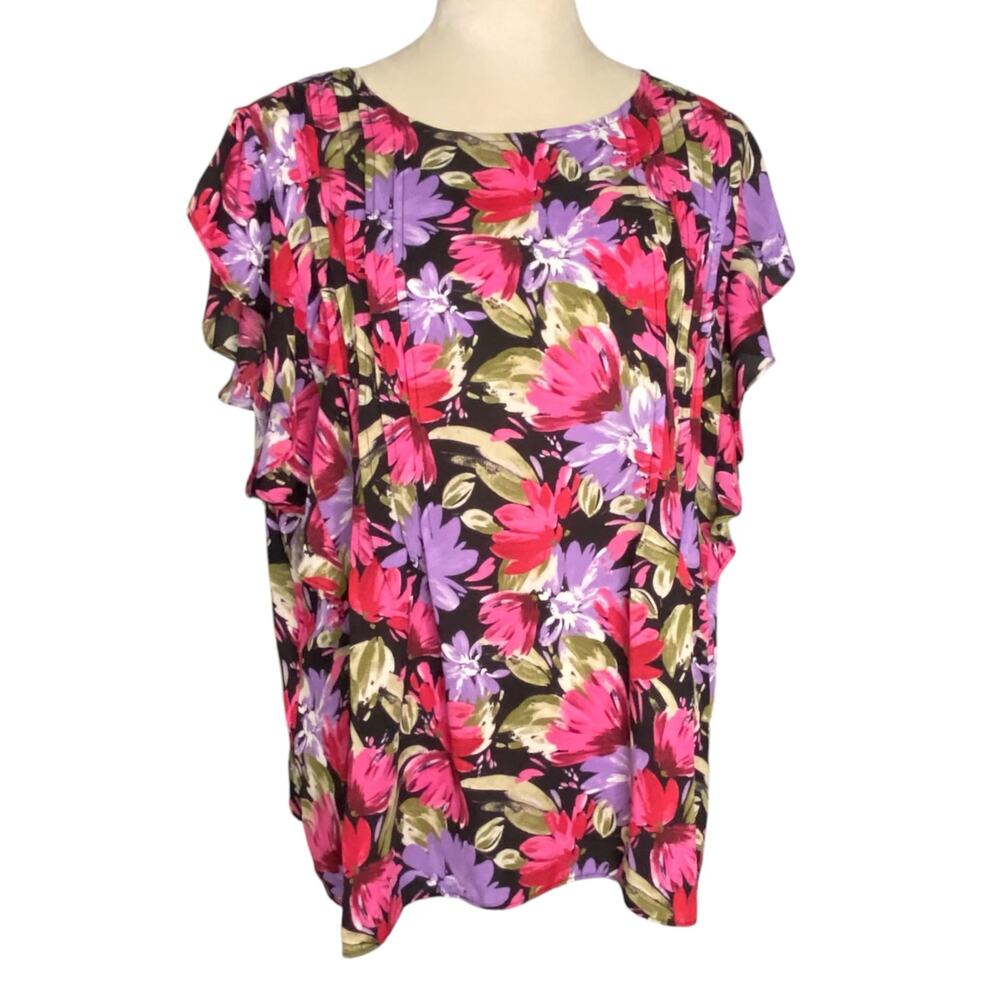Counterparts Size X-Large Flutter Sleeve Floral Lightweight Flowy Vibrant Blouse